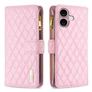 For iPhone 16 Diamond Lattice Zipper Wallet Leather Flip Phone Case(Pink)