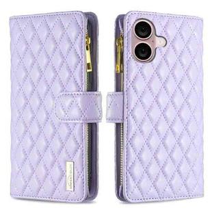 For iPhone 16 Diamond Lattice Zipper Wallet Leather Flip Phone Case(Purple)