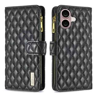 For iPhone 16 Diamond Lattice Zipper Wallet Leather Flip Phone Case(Black)