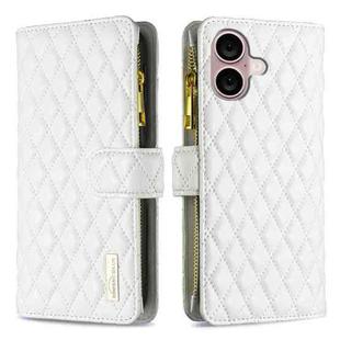 For iPhone 16 Plus Diamond Lattice Zipper Wallet Leather Flip Phone Case(White)