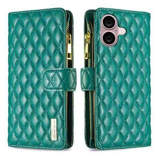 For iPhone 16 Plus Diamond Lattice Zipper Wallet Leather Flip Phone Case(Green)