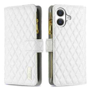 For iPhone 17 Diamond Lattice Zipper Wallet Leather Flip Phone Case(White)