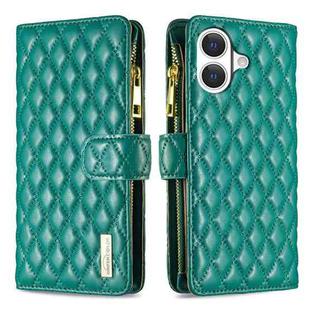For iPhone 17 Diamond Lattice Zipper Wallet Leather Flip Phone Case(Green)