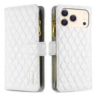 For iPhone 17 Pro Max Diamond Lattice Zipper Wallet Leather Flip Phone Case(White)