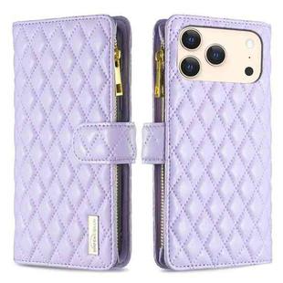 For iPhone 17 Pro Max Diamond Lattice Zipper Wallet Leather Flip Phone Case(Purple)