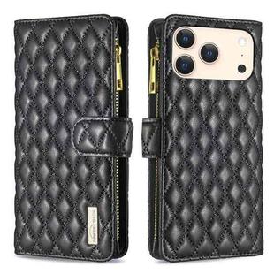 For iPhone 17 Pro Max Diamond Lattice Zipper Wallet Leather Flip Phone Case(Black)