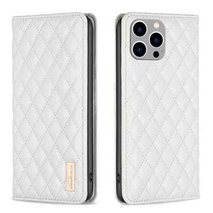 For iPhone 15 Pro Max Diamond Lattice Magnetic Leather Flip Phone Case(White)