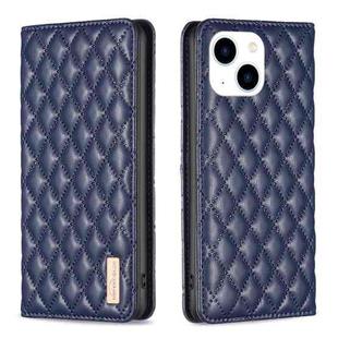 For iPhone 15 Diamond Lattice Magnetic Leather Flip Phone Case(Blue)