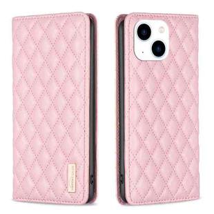 For iPhone 15 Diamond Lattice Magnetic Leather Flip Phone Case(Pink)