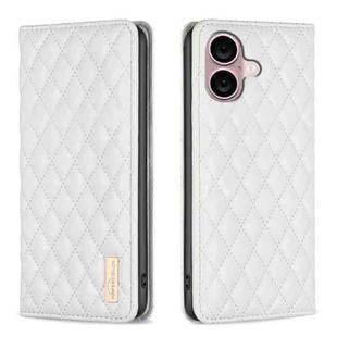 For iPhone 16 Diamond Lattice Magnetic Leather Flip Phone Case(White)