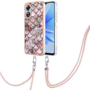 For OPPO A17 Electroplating IMD TPU Phone Case with Lanyard(Pink Scales)