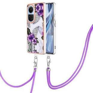 For OPPO Reno10 5G Global Electroplating IMD TPU Phone Case with Lanyard(Purple Flower)
