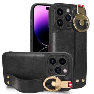 For iPhone 14 Pro Wristband Leather Back Phone Case(Black)