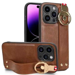 For iPhone 14 Pro Max Wristband Leather Back Phone Case(Brown)