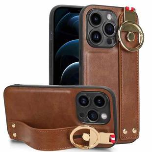 For iPhone 12 Pro Max Wristband Leather Back Phone Case(Brown)