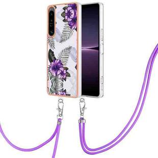 For Sony Xperia 1 IV Electroplating IMD TPU Phone Case with Lanyard(Purple Flower)