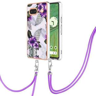 For Google Pixel 7a Electroplating IMD TPU Phone Case with Lanyard(Purple Flower)