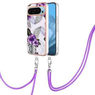 For Google Pixel 9 Electroplating IMD TPU Phone Case with Lanyard(Purple Flower)