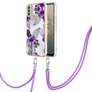 For Nokia C31 Electroplating IMD TPU Phone Case with Lanyard(Purple Flower)