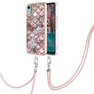 For Nokia C12 Electroplating IMD TPU Phone Case with Lanyard(Pink Scales)