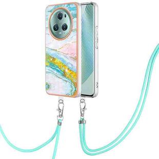 For Honor Magic5 Pro Electroplating Marble Dual-side IMD Phone Case with Lanyard(Green 004)