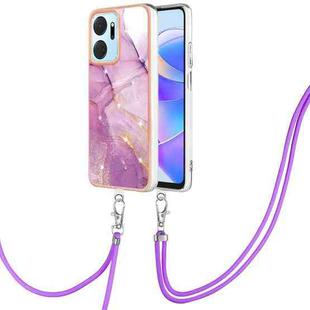 For Honor X7a Electroplating Marble Dual-side IMD Phone Case with Lanyard(Purple 001)