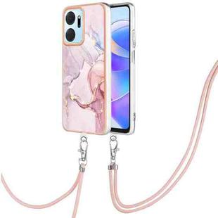 For Honor X7a Electroplating Marble Dual-side IMD Phone Case with Lanyard(Rose Gold 005)