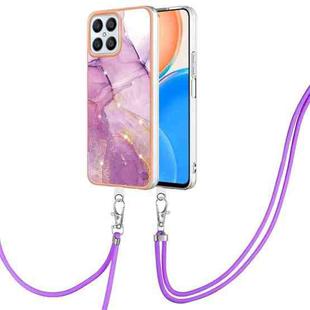 For Honor X8 4G Electroplating Marble Dual-side IMD Phone Case with Lanyard(Purple 001)