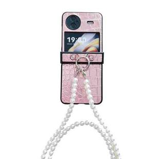 For vivo X Flip Crocodile Pattern Glitter Powder Shockproof Phone Case with Lanyard and Ring Holder(Rose Gold)