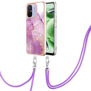 For Xiaomi Redmi 12C/11A 4G Global Electroplating Marble Dual-side IMD Phone Case with Lanyard(Purple 001)