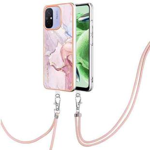 For Xiaomi Redmi 12C/11A 4G Global Electroplating Marble Dual-side IMD Phone Case with Lanyard(Rose Gold 005)