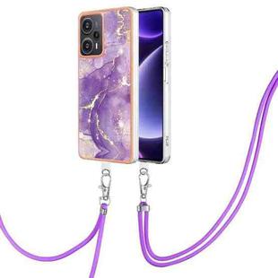 For Xiaomi Poco F5 5G / Redmi Note 12 Turbo Electroplating Marble Dual-side IMD Phone Case with Lanyard(Purple 002)