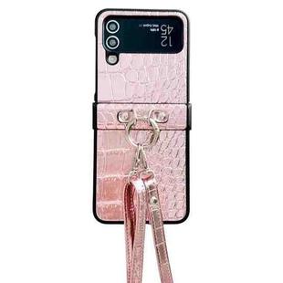 For Samsung Galaxy Z Flip4 Crocodile Pattern Glitter Powder Shockproof Phone Case with Lanyard and Ring Holder(Rose Gold)