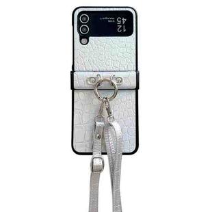 For Samsung Galaxy Z Flip4 Crocodile Pattern Glitter Powder Shockproof Phone Case with Lanyard and Ring Holder(Silver)