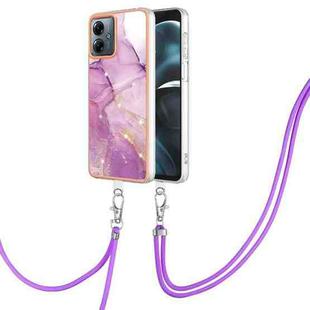 For Motorola Moto G14 Electroplating Marble Dual-side IMD Phone Case with Lanyard(Purple 001)