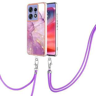 For Motorola Edge 50 Pro Electroplating Marble Dual-side IMD Phone Case with Lanyard(Purple 001)