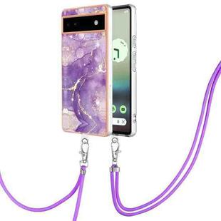 For Google Pixel 6a Electroplating Marble Dual-side IMD Phone Case with Lanyard(Purple 002)