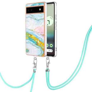 For Google Pixel 6a Electroplating Marble Dual-side IMD Phone Case with Lanyard(Green 004)