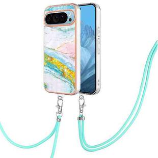 For Google Pixel 9 Pro Electroplating Marble Dual-side IMD Phone Case with Lanyard(Green 004)