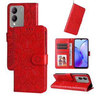 For vivo Y17s Embossed Sunflower Leather Phone Case(Red)