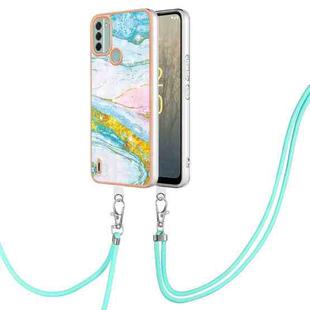 For Nokia C31 Electroplating Marble Dual-side IMD Phone Case with Lanyard(Green 004)