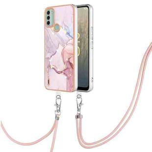 For Nokia C31 Electroplating Marble Dual-side IMD Phone Case with Lanyard(Rose Gold 005)