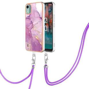For Nokia C12 Electroplating Marble Dual-side IMD Phone Case with Lanyard(Purple 001)