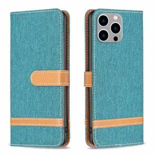 For iPhone 15 Pro Max Color Block Denim Texture Leather Phone Case(Green)