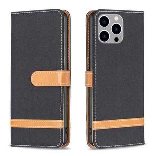 For iPhone 15 Pro Max Color Block Denim Texture Leather Phone Case(Black)