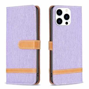 For iPhone 15 Pro Color Block Denim Texture Leather Phone Case(Purple)