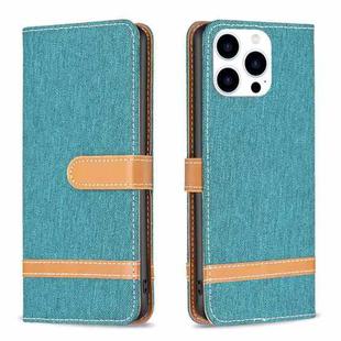 For iPhone 15 Pro Color Block Denim Texture Leather Phone Case(Green)