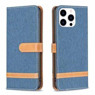 For iPhone 15 Pro Color Block Denim Texture Leather Phone Case(Dark Blue)