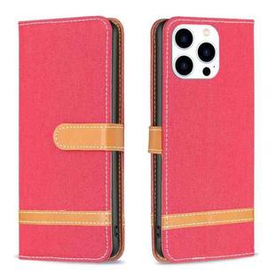 For iPhone 15 Pro Color Block Denim Texture Leather Phone Case(Red)