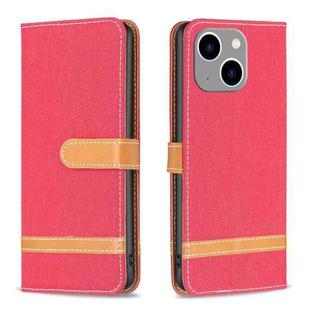 For iPhone 15 Plus Color Block Denim Texture Leather Phone Case(Red)